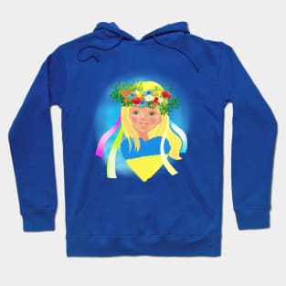 Ukrainian girl in a wreath with a heart in the colors of the flag of Ukraine. Peace to Ukraine Hoodie